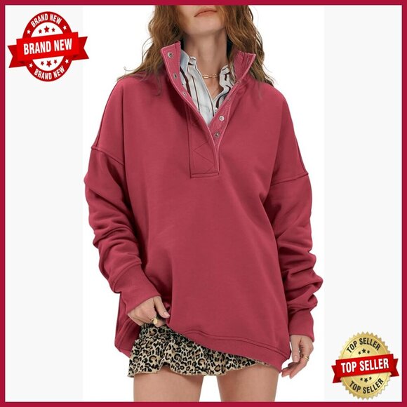 Tops - Oversized Cotton Henley Sweatshirt Long Sleeve Pullover Casual Loose Fit